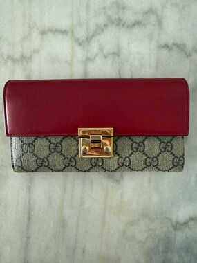 Gucci Red Leather & GG Canvas Continental Wallet with Gold Lock